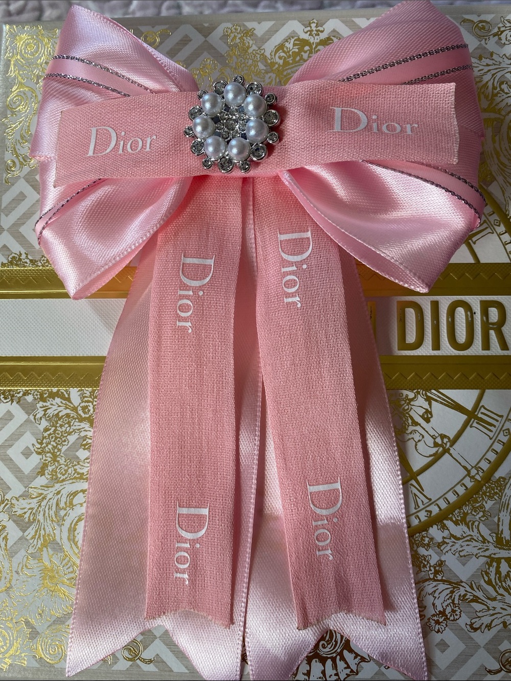 Handmade Dior Hair Clips Pink Satin Ribbon Bow Brooch with Pearl Cluster